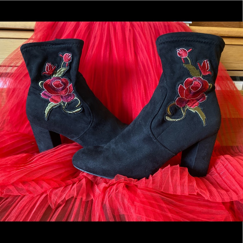 Velvety Heeled Bootie with Red Rose applique